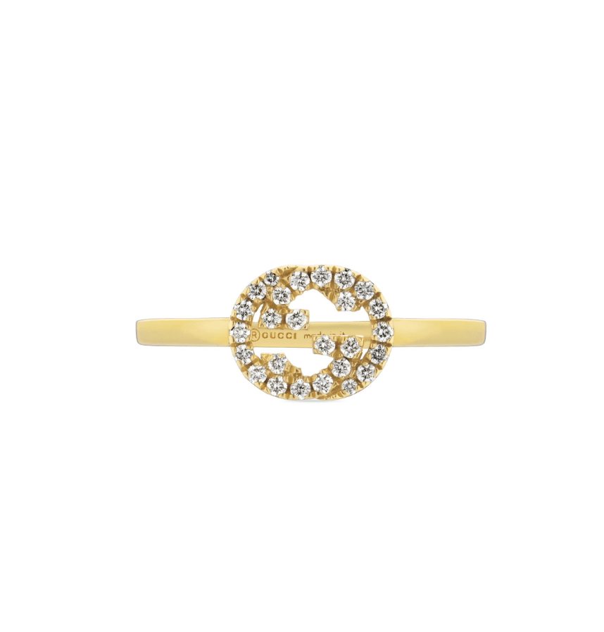 Gucci 18K Yellow Gold Interlocking G Ring with Diamonds Size 15