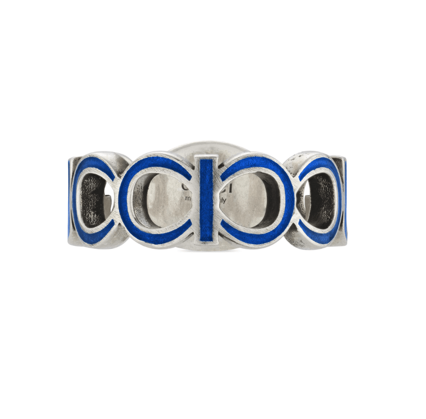 Gucci Interlocking G Blue Enamel Silver Ring Size 7.5