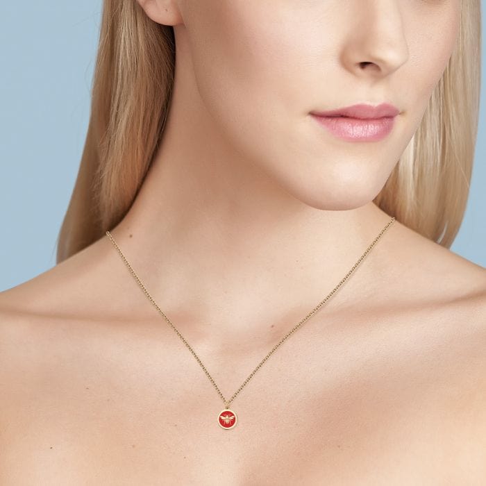 Birks 18K Yellow Gold Bee Chic Red Enamel Round Medallion Necklace