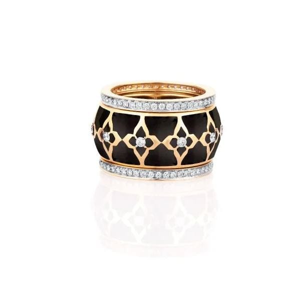 Farah Khan 18K Yellow Gold Diamond Black Ceramic Stacking Ring