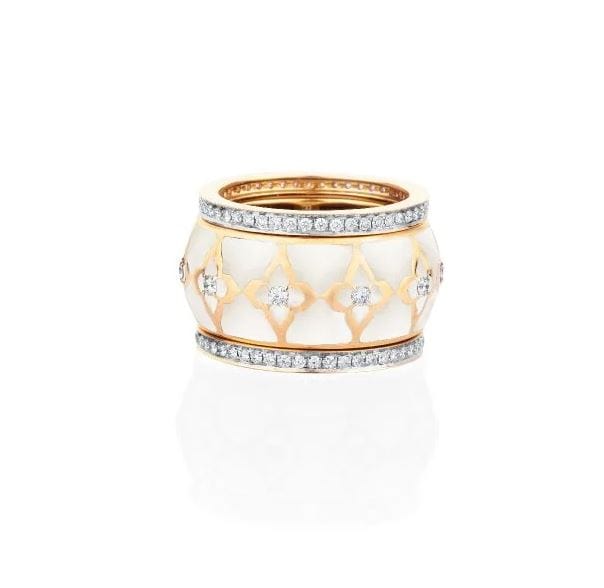 Farah Khan 18K Yellow Gold Diamond White Ceramic Stacking Ring