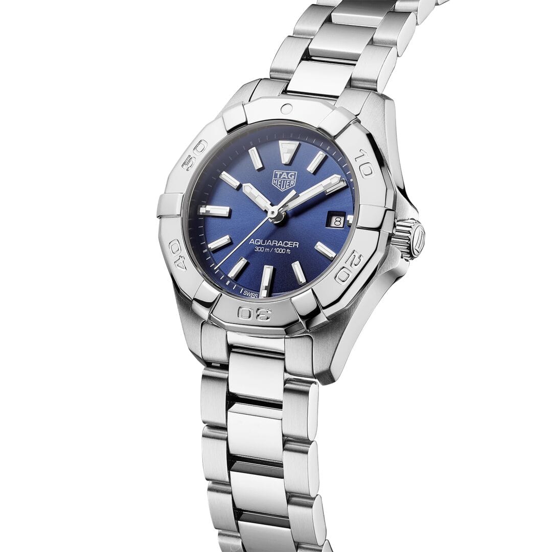 TAG Heuer Blue Sunray Dial 27mm Lady Aquaracer Watch Touch of Gold Fine Jewellery An Official Rolex Retailer