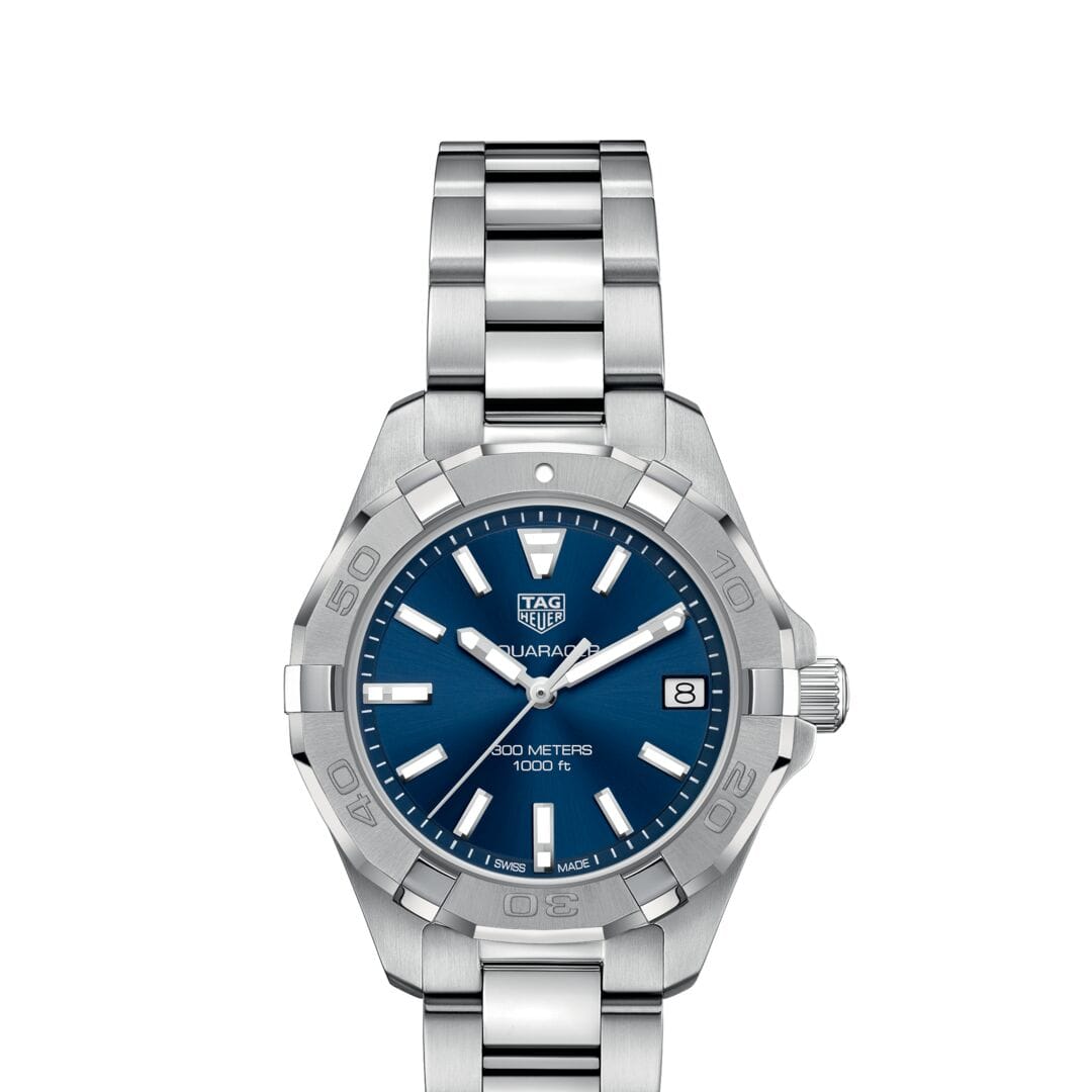 TAG Heuer Blue Sunray Dial 32mm Aquaracer Watch Touch of Gold Fine Jewellery An Official Rolex Retailer