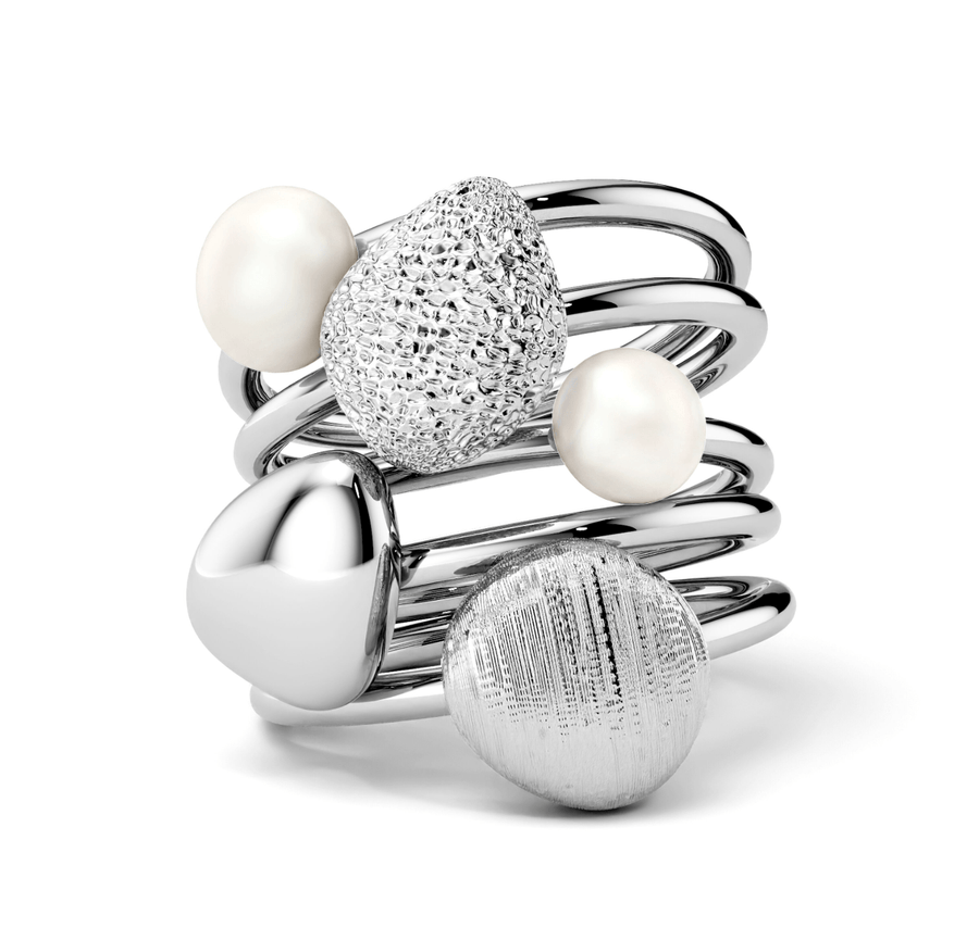 Birks Unclassified Birks Pebble Silver and Pearl Stackable 5-Ring Set