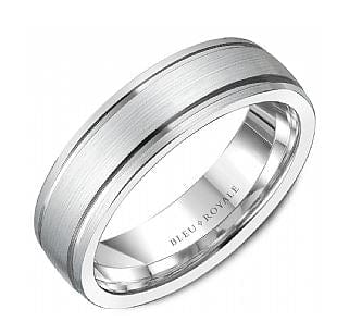 Crown Ring Jewellery - Band - Plain Bleu Royale 14K White Gold 6.5mm Brushed with Grooves Band