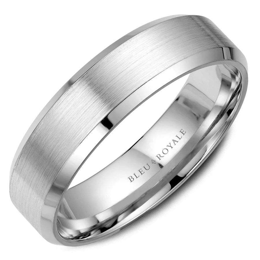 Crown Ring Bleu Royale 6.5mm White Gold Sandpaper Center & High Polish Edges Legacy Wedding Band