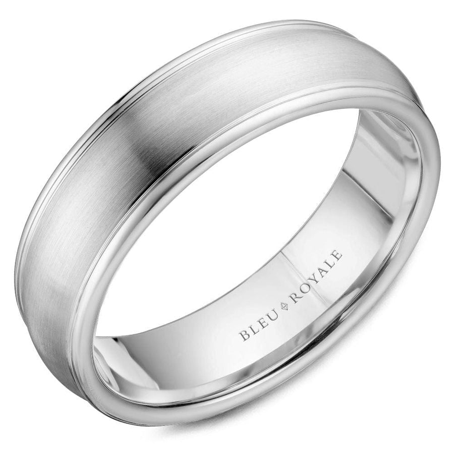 Crown Ring Bleu Royale 6.5mm White Gold Sandpaper Center & High Polish Edges Legacy Wedding Band