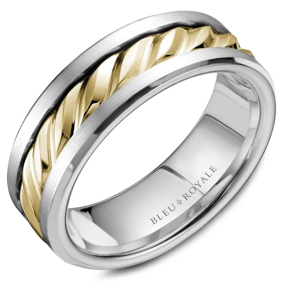 Crown Ring Bleu Royale 7.5mm Yellow & White Gold High Polish Center/Bevel & Sandpaper Top Sides Wedding Band