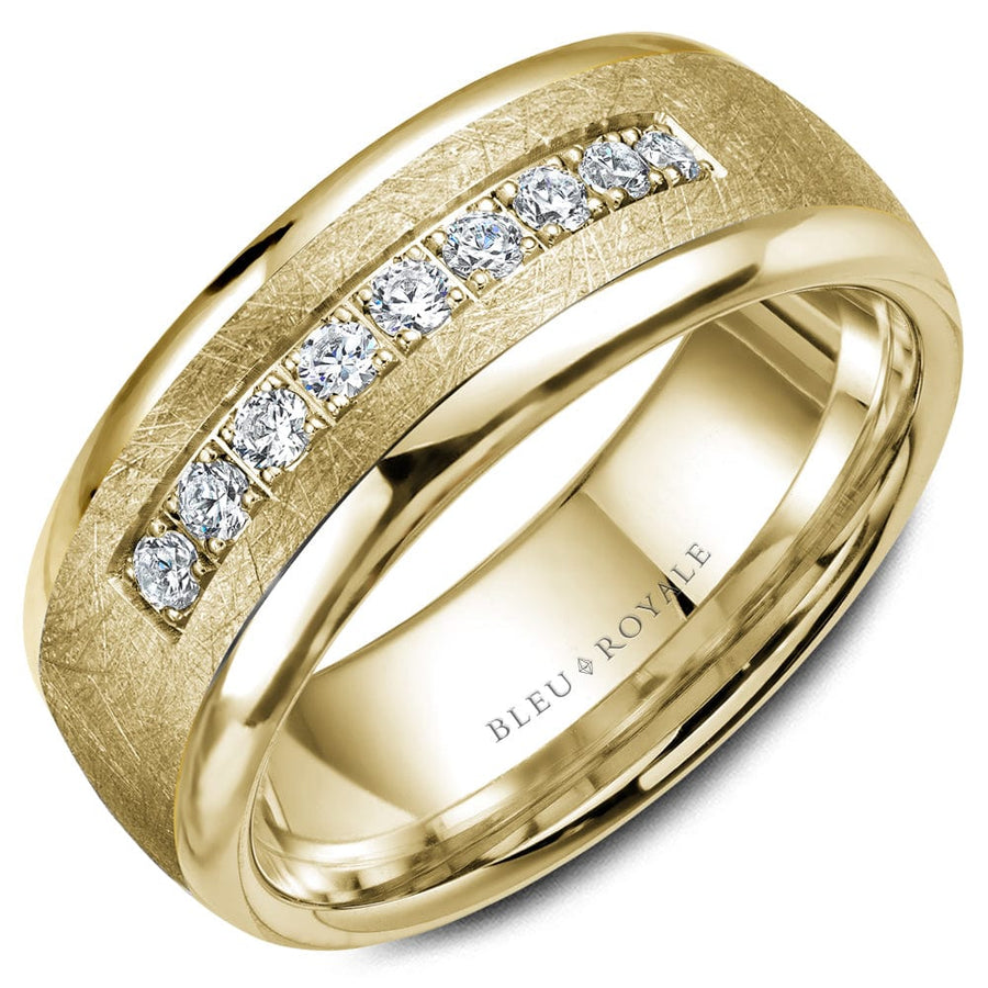Crown Ring Bleu Royale Diamond 7.5mm Yellow Gold Diamond Brush Center & High Polish Sides Wedding Band