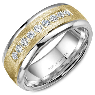 Crown Ring Bleu Royale Diamond 7.5mm Yellow & White Gold Diamond Brush Center & High Polish Sides Wedding Band