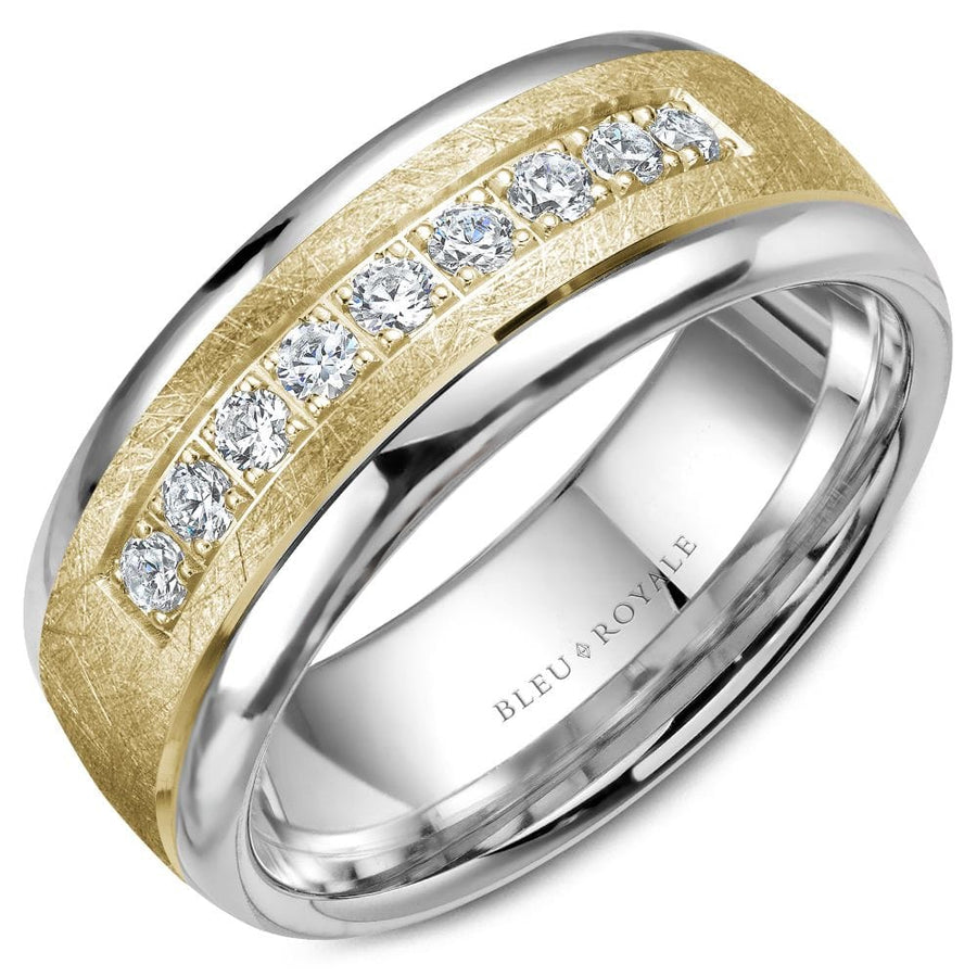 Crown Ring Bleu Royale Diamond 7.5mm Yellow & White Gold Diamond Brush Center & High Polish Sides Wedding Band