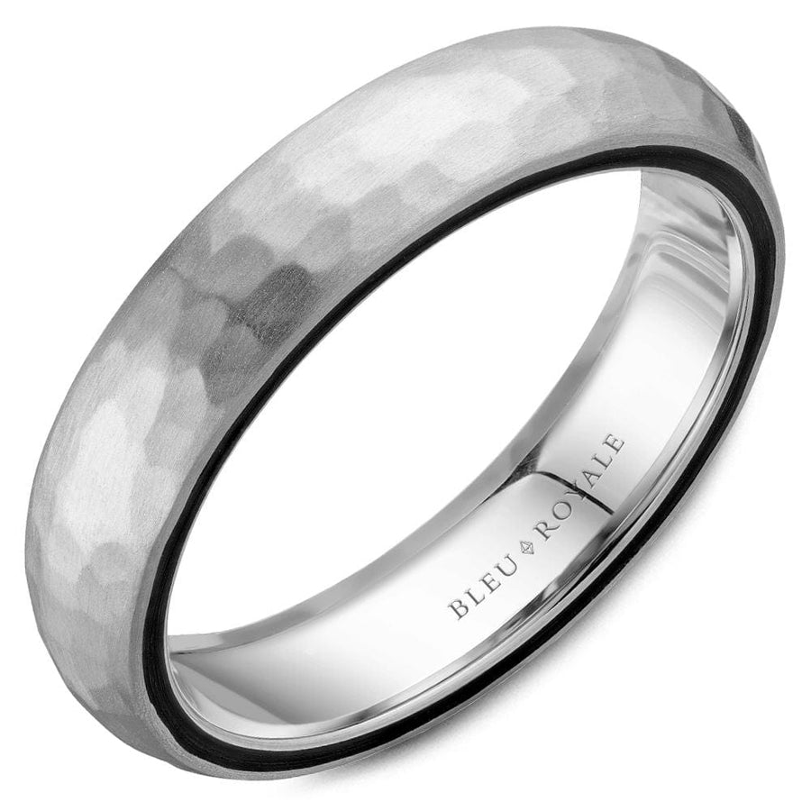 Crown Ring Bleu Royale Distinct 5mm White Gold with Black Enamel Hammered Top & Enamel Inlay Wedding Band