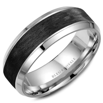 Crown Ring Bleu Royale Distinct 7.5mm White Gold & Forged Carbon Fiber Inlay Wedding Band