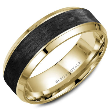 Crown Ring Bleu Royale Distinct 7.5mm Yellow Gold & Forged Carbon Fiber Inlay Wedding Band