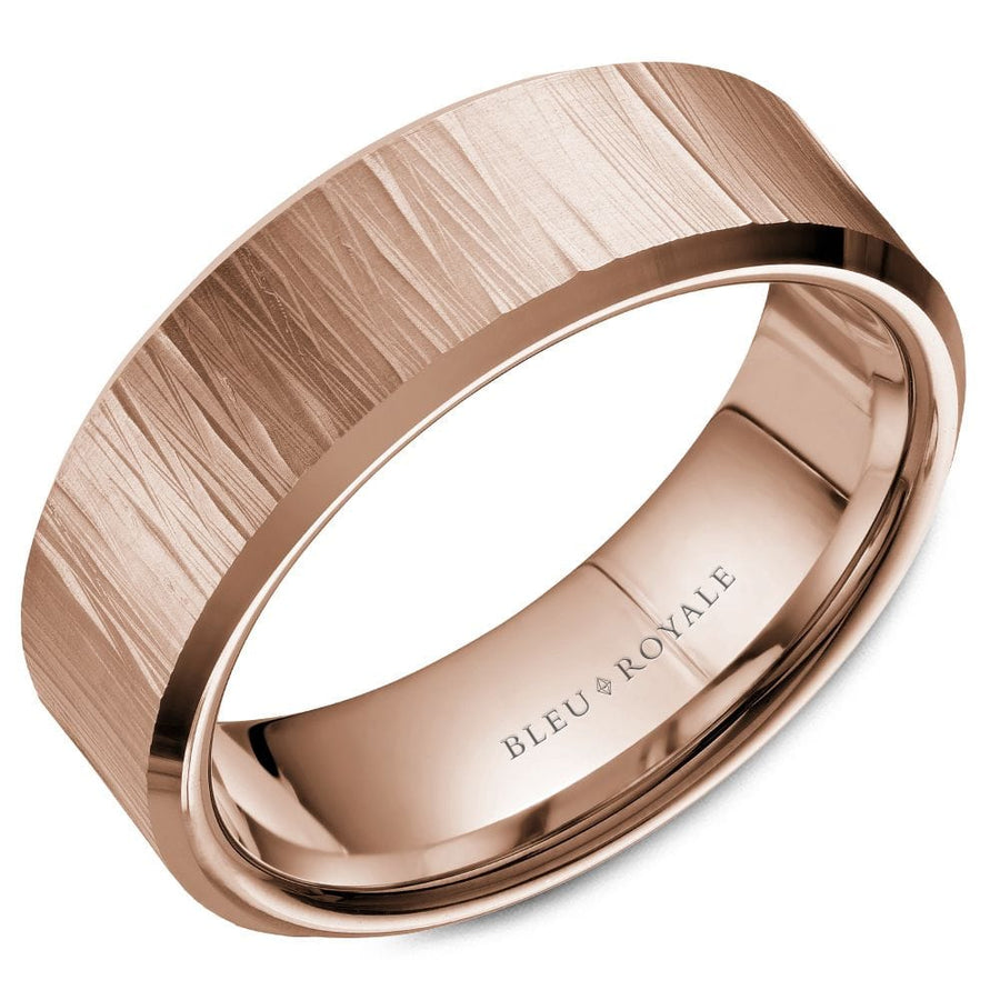 Crown Ring Bleu Royale Legacy 7.5mm Rose Gold Bark Top w/ Frosted Finish & High Polish Edges Wedding Band