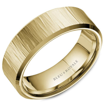 Crown Ring Bleu Royale Legacy 7.5mm Yellow Gold Bark Top w/ Frosted Finish & High Polish Edges Wedding Band