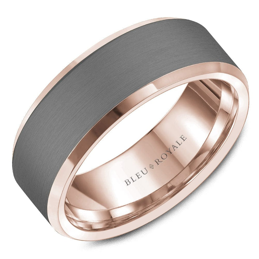 Crown Ring Bleu Royale Tantalum & Precious 8mm Rose Gold & Grey Sandpaper Center & High Polish Edges Wedding Band