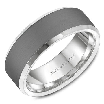 Crown Ring Bleu Royale Tantalum & Precious 8mm White Gold & Grey Sandpaper Center & High Polish Edges Wedding Band