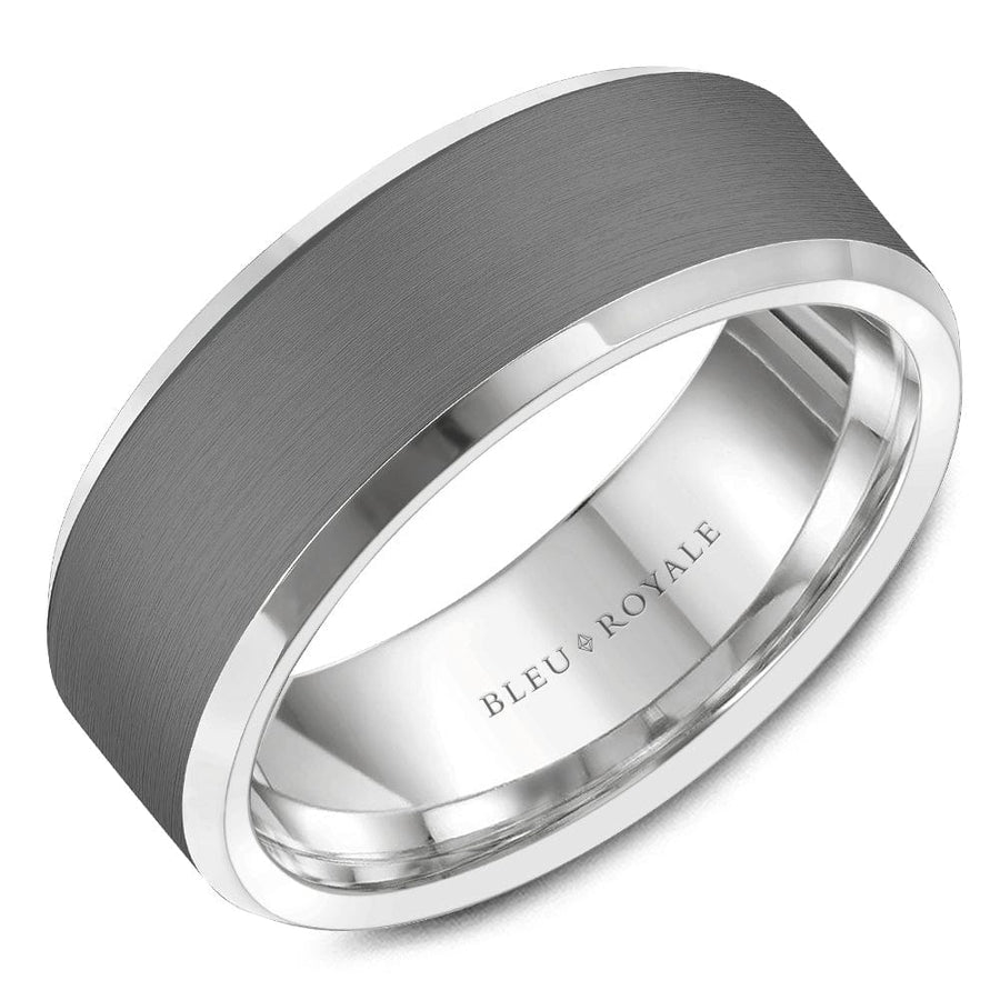 Crown Ring Bleu Royale Tantalum & Precious 8mm White Gold & Grey Sandpaper Center & High Polish Edges Wedding Band