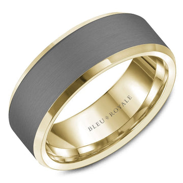 Crown Ring Bleu Royale Tantalum & Precious 8mm Yellow Gold & Grey Sandpaper Center & High Polish Edges Wedding Band