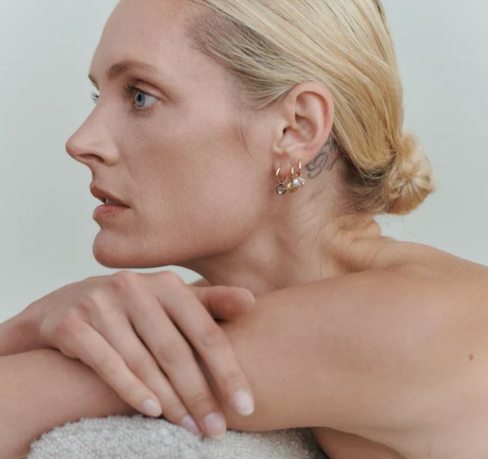 BY PARIAH 14k Yellow Gold White Topaz Orbit Hoops