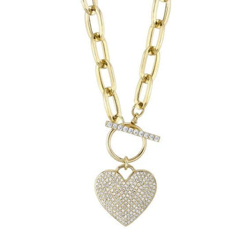 Shy Creation Jewellery - Necklace Shy Creation 14K Yellow Gold Pave Diamond Heart Toggle Necklace