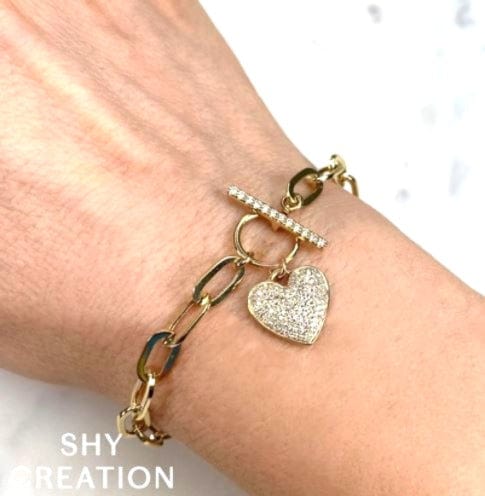 Shy Creation Jewellery - Bracelet Shy Creation 14K Yellow Gold Pave Heart Paperclip Bracelet