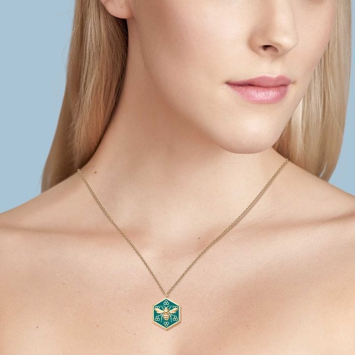 Birks Jewellery - Necklace Birks 18K Yellow Gold Bee Chic Teal Enamel Hexagon Necklace