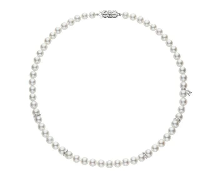 Mikimoto Jewellery - Necklace Mikimoto 18K White Gold 7mm Akoya Pearl 18" Strand With Diamond Roundels